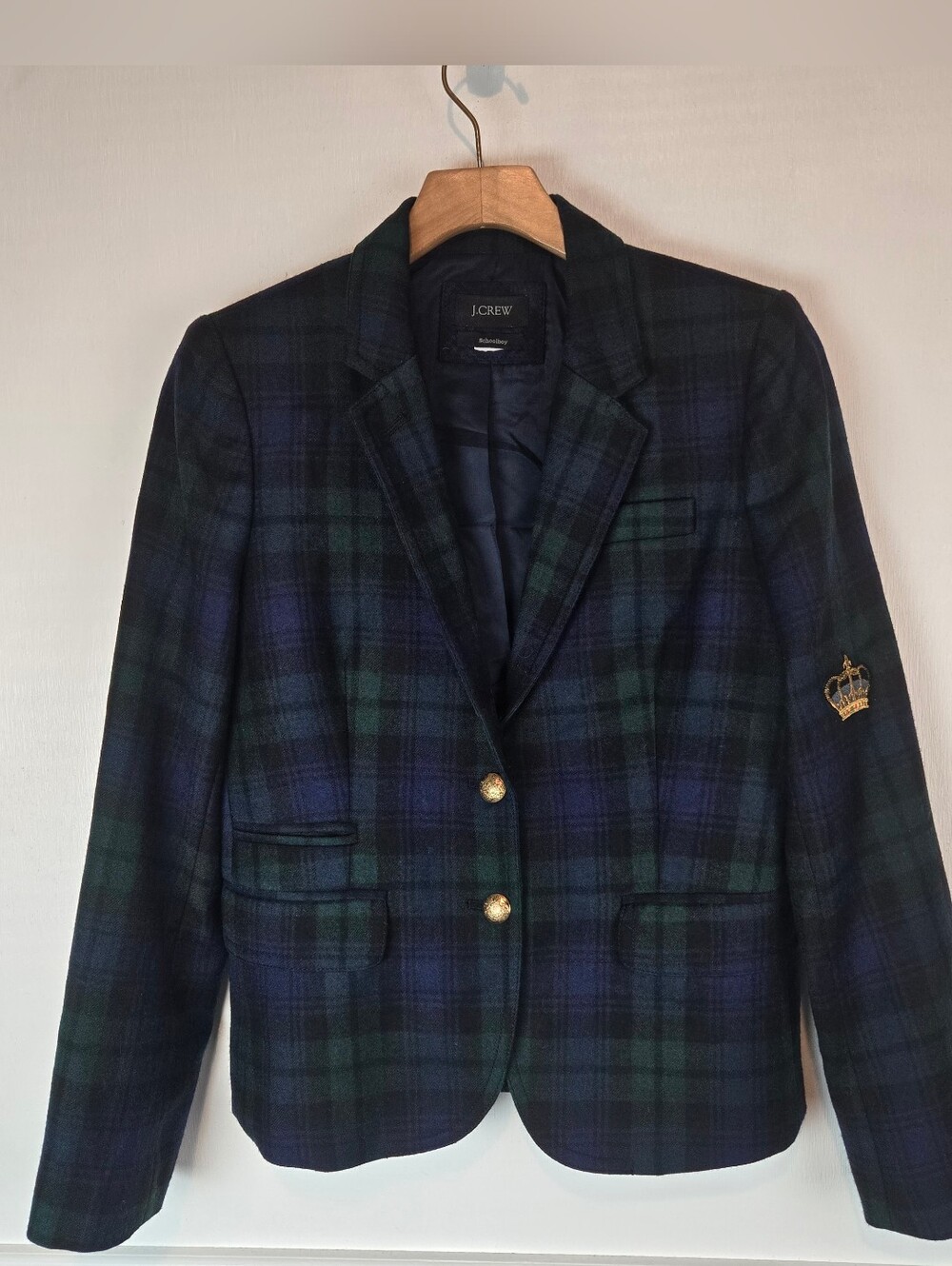 J. Crew Schoolboy Wool Plaid Blazer Black Watch Tartan Size 8 FLAWED